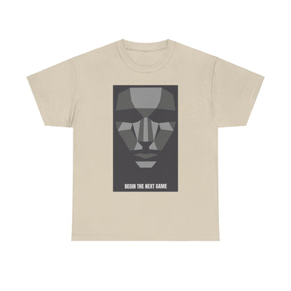 Stylish unisex cotton t-shirt showcasing a contemporary graphic of a geometric face, accompanied by the phrase 'BEGIN THE NEXT GAME', perfect for making a bold fashion statement.