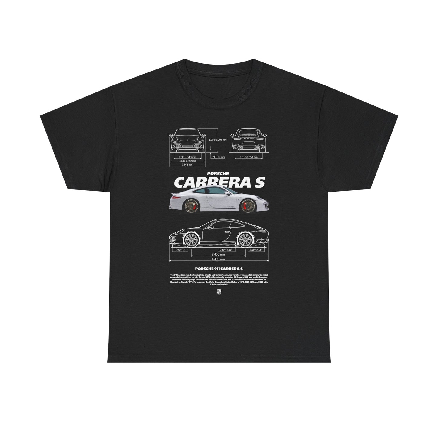 Elegant black Porsche 911 Carrera S T-shirt, displaying detailed drawings of the legendary car alongside striking design elements. Perfect for stylish car lovers.