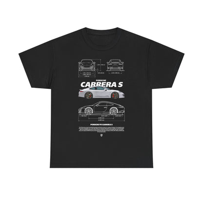 Elegant black Porsche 911 Carrera S T-shirt, displaying detailed drawings of the legendary car alongside striking design elements. Perfect for stylish car lovers.