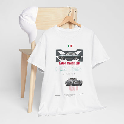 Sophisticated Aston Martin DB4 t-shirt displayed on a wooden chair next to a white cap, showcasing automotive art and luxury design.