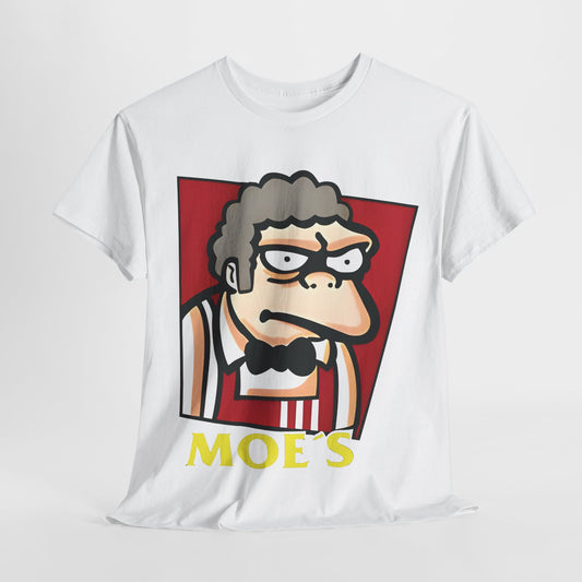 Elegant white unisex t-shirt showcasing a unique design of Moe from The Simpsons in a vibrant fast-food uniform; titled "The Simpson's Moe's KFC Logo Mashup Graphic T Shirt Tee".
