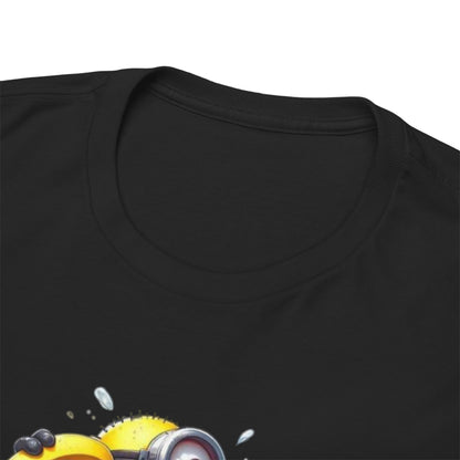 Close-up of the neckline on a Men's Funny T-Shirt: Minions Banana Splash, highlighting quality and detail. T Shirt, Funny, Minions.