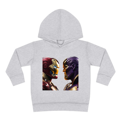 Elegant Iron Man Vs Thanos Child's Unisex Hoodie made from soft fleece, displayed flat emphasising the stunning graphic of Iron Man and Thanos ready for adventure.