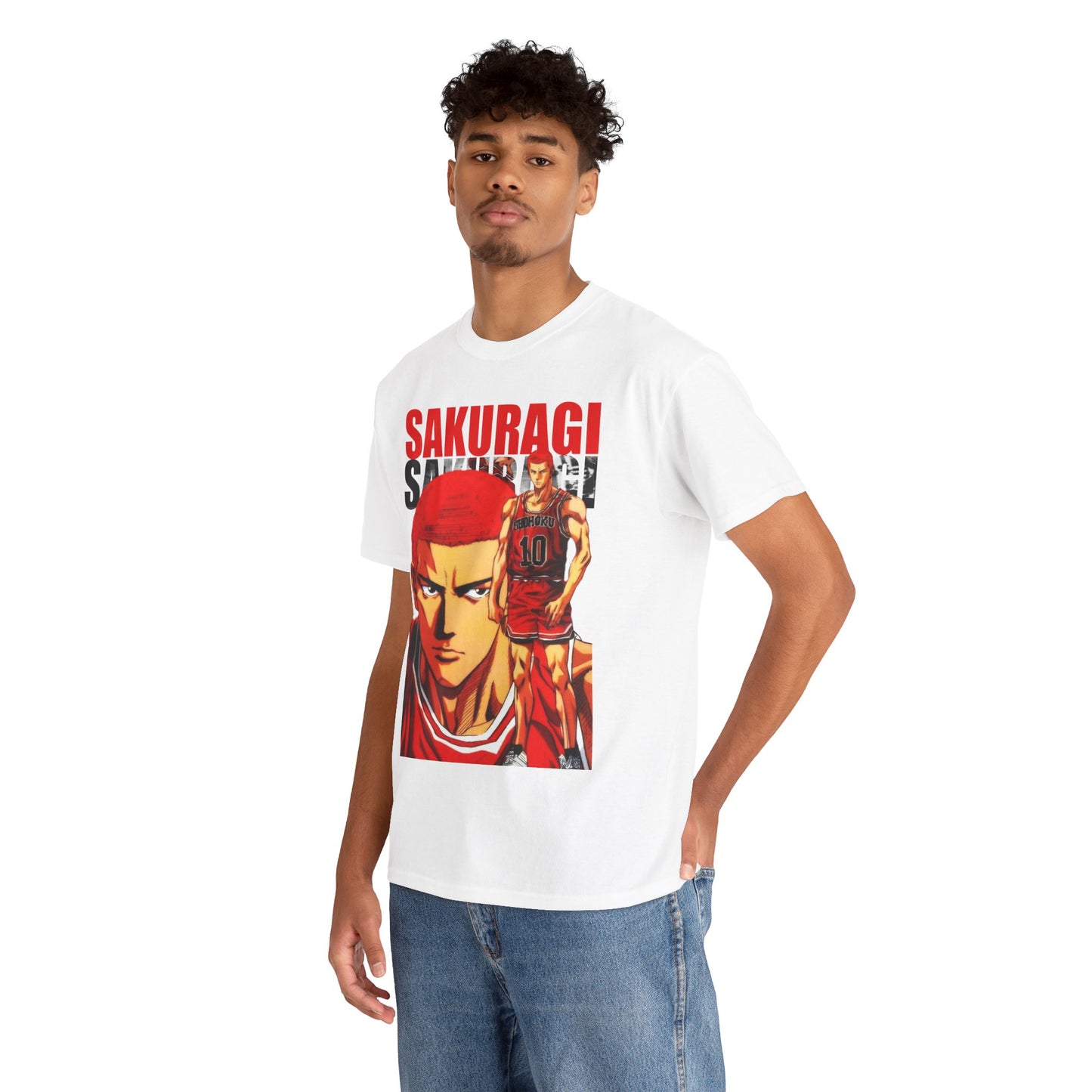 Model wearing a luxury white t-shirt with a bold anime graphic of Sakuragi from Slam Dunk, paired with casual denim, embodying a fashionable blend of sports and anime culture.