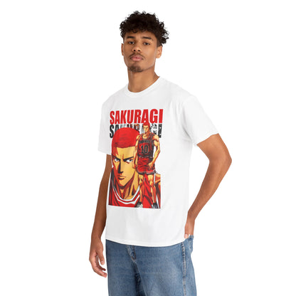 Model wearing a luxury white t-shirt with a bold anime graphic of Sakuragi from Slam Dunk, paired with casual denim, embodying a fashionable blend of sports and anime culture.