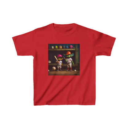 Kids Cute Alien Heavy Cotton T-Shirt showcased in red, featuring whimsical alien designs, perfect for stylish young adventurers, with 16 exciting colour choices.