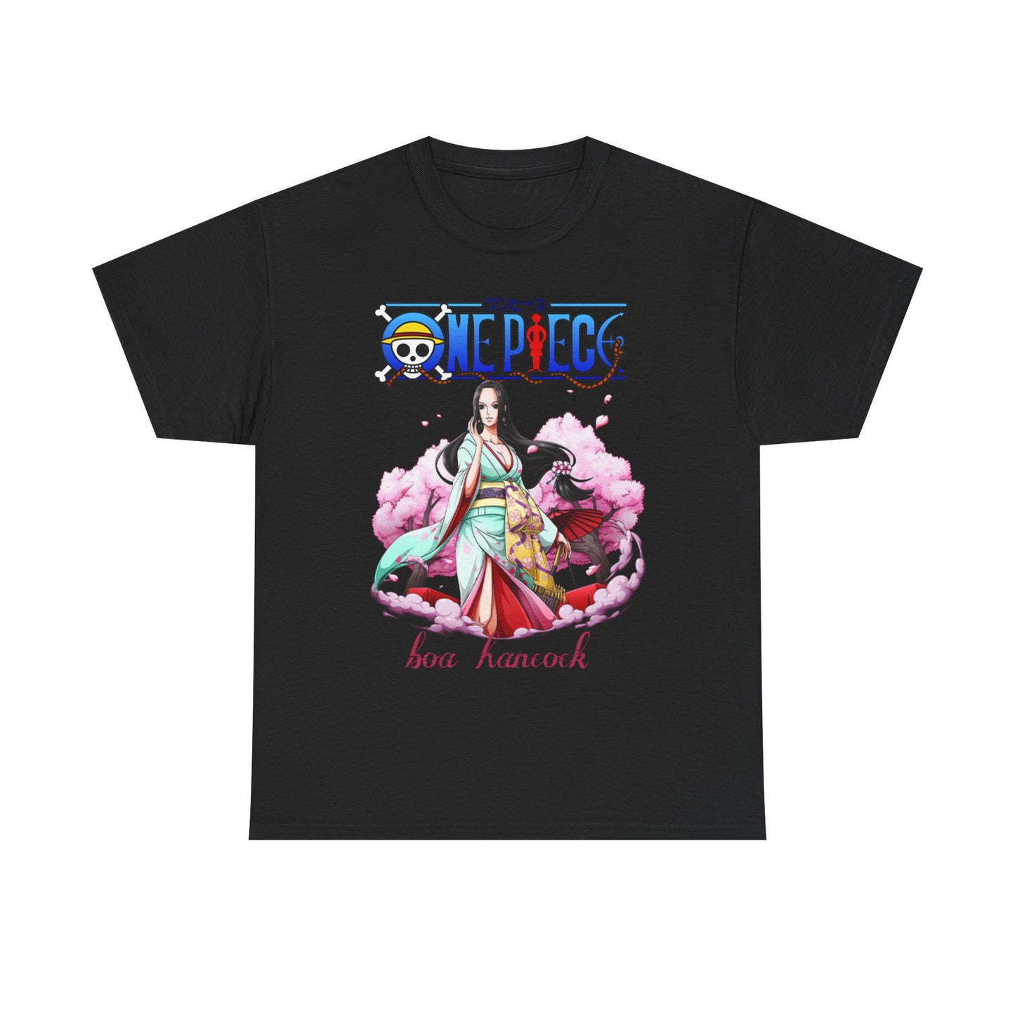 Luxurious men's t-shirt featuring a stunning graphic of Boa Hancock from One Piece, adorned in a floral kimono, against a dramatic black background, perfect for anime enthusiasts.