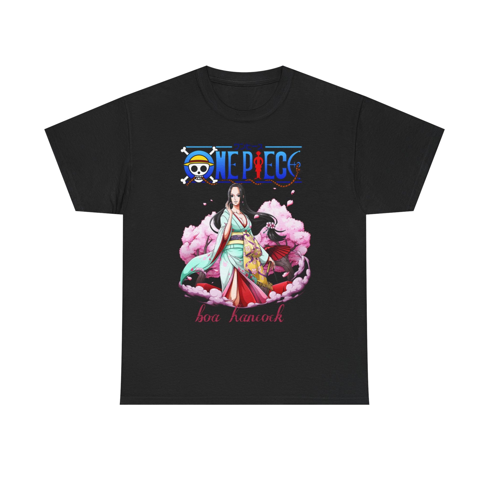 Luxurious men's t-shirt featuring a stunning graphic of Boa Hancock from One Piece, adorned in a floral kimono, against a dramatic black background, perfect for anime enthusiasts.