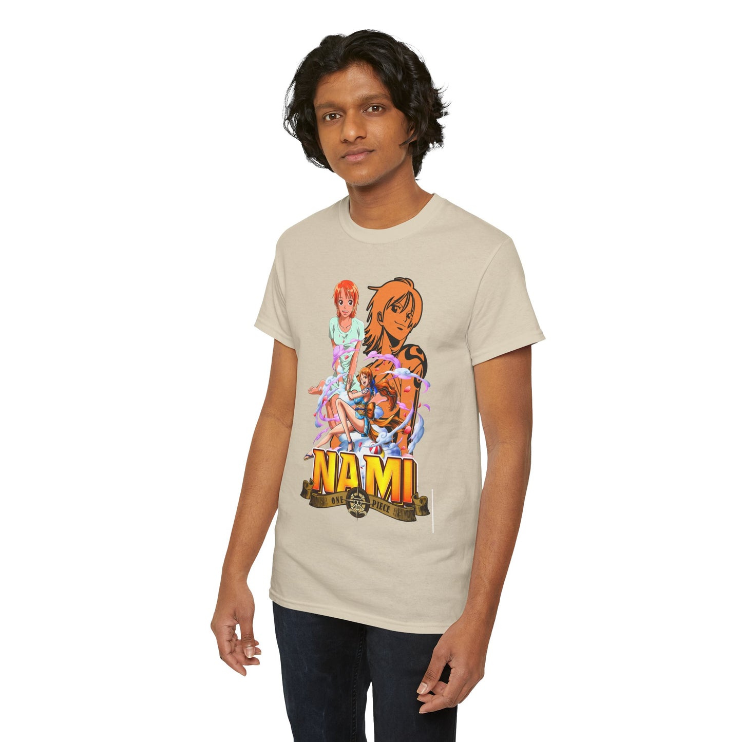 Elegant beige t-shirt adorned with vibrant illustrations of Nami from One Piece, worn by a fashionable individual, exuding a premium quality vibe.