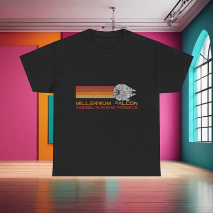 Millennium Falcon Abstract Art Graphic T-Shirt in black, featuring a stylish design with ‘Kessel Run in 12 Parsecs’ text, perfect for urban streetwear.