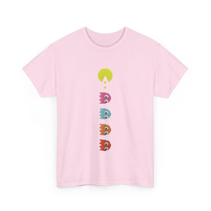 Unisex Pixel-Perfect Pac-Man Graphic Tee showcased in soft pink, featuring a vertical design of iconic arcade gaming characters and the recognizable yellow Pac-Man dot, ideal for nostalgic gaming enthusiasts.