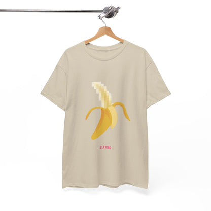 Sophisticated t-shirt hanging on a wooden hanger, displaying a chic pixelated banana graphic and 'SEX KING' text, embodying modern luxury in casual wear.
