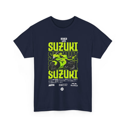 Luxurious Suzuki GSX-R graphic t-shirt showcasing a stunning lime green motorcycle design on a navy background, perfect for passionate bikers who appreciate style and performance.