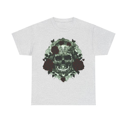 Skulls and Roses Cotton Tee in light grey, featuring stunning steampunk artwork with skulls and roses, a luxurious addition to any casual wardrobe.
