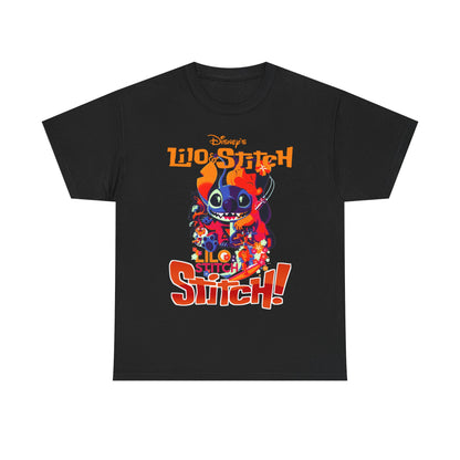 Elegant black version of the Lilo & Stitch graphic t-shirt, showcasing a stunning print of Stitch and Lilo with charming floral accents and striking text, ideal for stylish Disney enthusiasts.