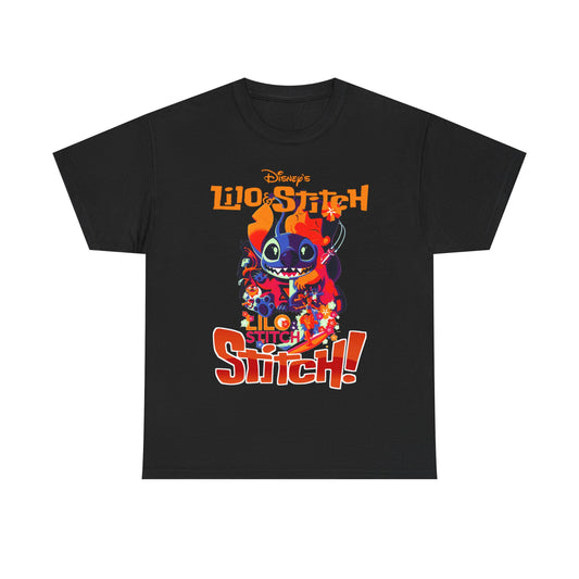 Elegant black version of the Lilo & Stitch graphic t-shirt, showcasing a stunning print of Stitch and Lilo with charming floral accents and striking text, ideal for stylish Disney enthusiasts.