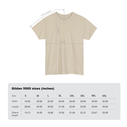 Front view of a plain beige T-Shirt displayed with measurements, suitable for various sizes. The Men's Funny T-Shirt 'Minions Banana Splash' is designed for those who enjoy quirky and fun clothing featuring Minions. Great for casual wear and celebrating the fun-loving Minion spirit.