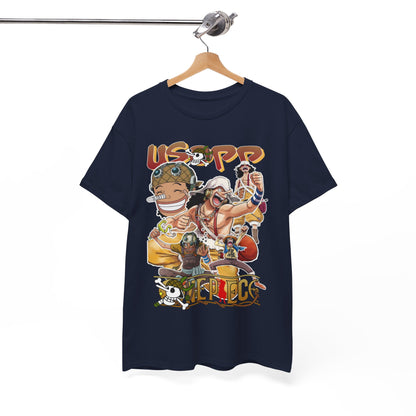 Sophisticated navy blue t-shirt exhibited on a stylish hanger, showcasing a dynamic graphic of Usopp and other iconic characters, perfect for fashionable anime fans.