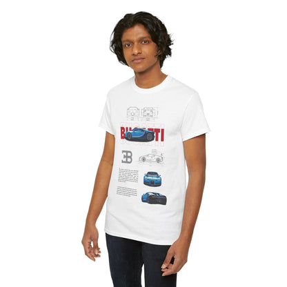 Stylish young man posing in a white Bugatti Chiron men's t-shirt, spotlighting the unique automotive design and prestigious branding.