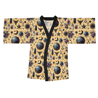 Floral Kimono Robe featuring intricate floral designs and celestial motifs, perfect for luxurious lounging and stylish relaxation.