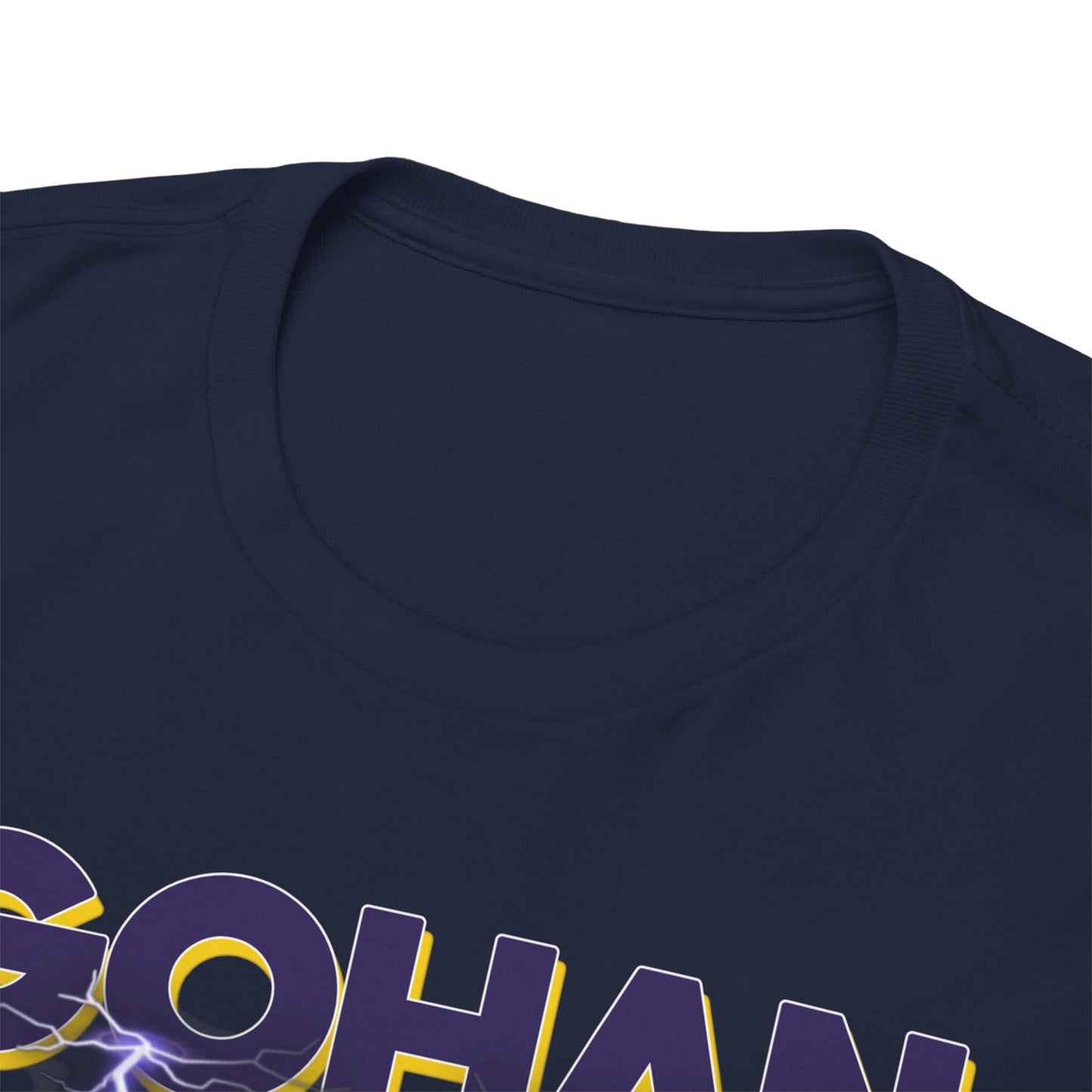Close-up of the neckline of the Gohan Ascends T-Shirt, highlighting the exquisite craftsmanship and premium fabric of this stylish Dragon Ball Z garment.