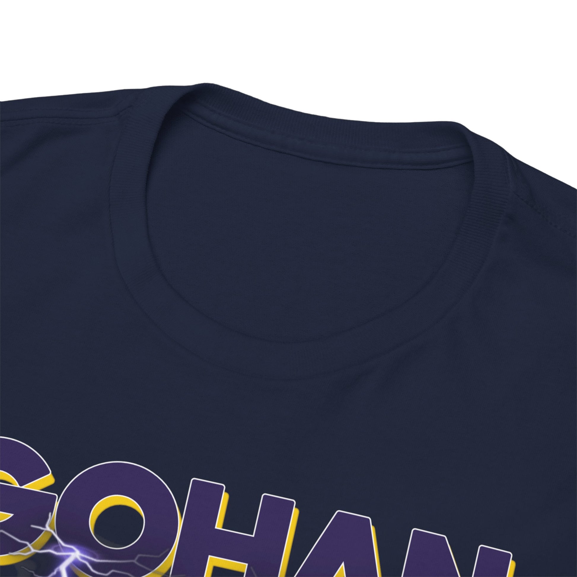 Close-up of the neckline of the Gohan Ascends T-Shirt, highlighting the exquisite craftsmanship and premium fabric of this stylish Dragon Ball Z garment.