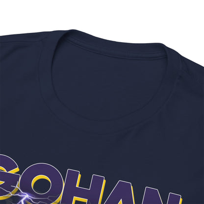 Close-up of the neckline of the Gohan Ascends T-Shirt, highlighting the exquisite craftsmanship and premium fabric of this stylish Dragon Ball Z garment.