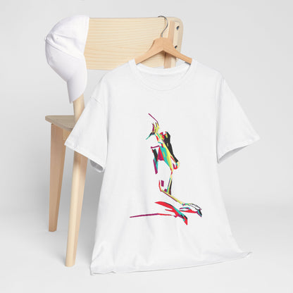 White graphic t-shirt displayed on a wooden chair alongside a white cap, highlighting a bold and artistic feminine silhouette.