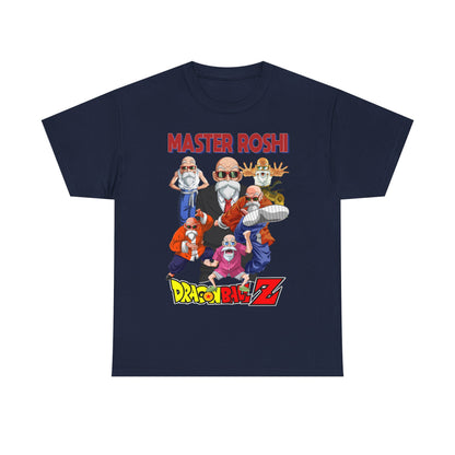 Refined navy blue Dragon Ball Z Master Roshi men's t-shirt featuring a premium graphic of Master Roshi in dynamic action poses, perfect for a fashionable anime look.