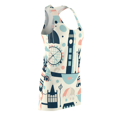 Charming Valeria Cavalli London Racerback Dress with a majestic Tower Bridge illustration in soft pastel tones.