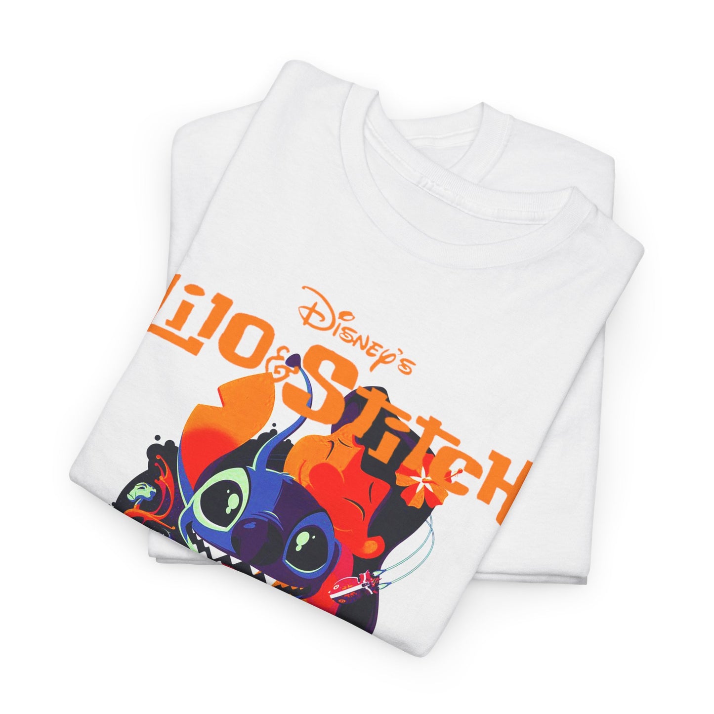 Stylish folded Lilo & Stitch graphic t-shirts in white, displaying a bold, playful design of Stitch infused with bright colours and floral motifs. A sophisticated choice for casual yet trendy wear.