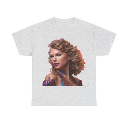 Swifties psychedelic Taylor Swift Heavy Cotton Tee in light grey, adorned with a dazzling psychedelic likeness of Taylor Swift, perfect for expressing your fandom.