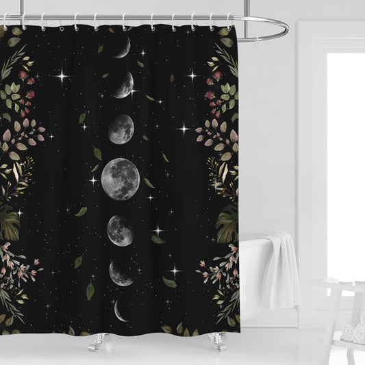 Moon phase shower curtain 60''w x 72''l black celestial g...