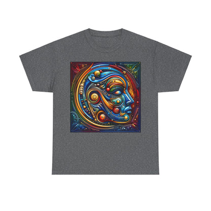 Stained Glass Dreams Unisex T-Shirt in dark grey showcasing an artistic portrayal of a human face, embellished with rich hues and mechanical motifs, reflecting sophistication and artistic expression.