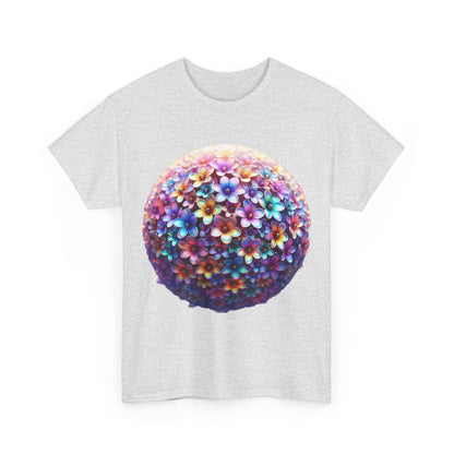 Iridescent Floral Sphere Unisex Cotton Tee Graphic T Shirt featuring a vibrant floral sphere design on a soft grey background, perfect for stylish casual wear.