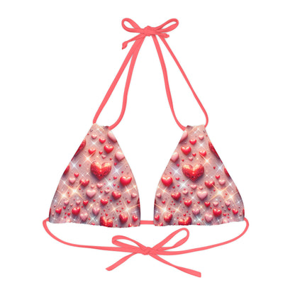 Elegant Pastel Pink Glittering Hearts Strappy Triangle Bikini Top by Dazzling Dreams Studio, showcasing its luxurious design and adjustable fit.