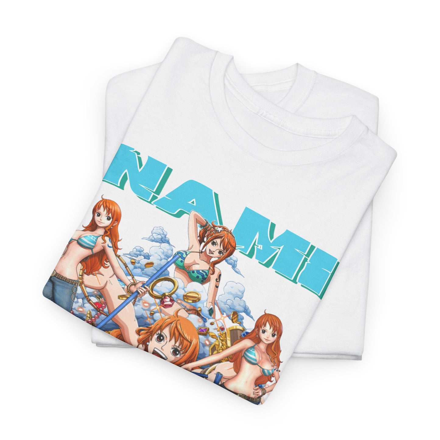 Stylish fold of the Nami Anime T-Shirt, revealing intricate designs of the character from 'One Piece', perfect for fashion-forward anime enthusiasts.