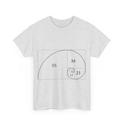 Fibonacci Spiral Space Tee - Front view of a chic grey t-shirt adorned with a Fibonacci spiral, ideal for statement fashion.
