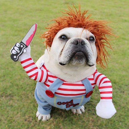 Halloween Pet Costume Pet Dog Funny Clothes featuring a fluffy dog dressed in a playful costume with a vibrant red wig and foam knife, perfect for Halloween parties.