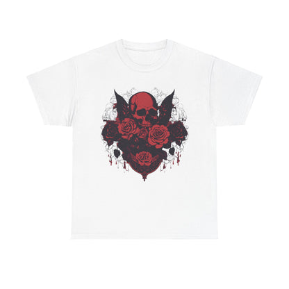 Skulls and Roses Cotton Tee featuring a striking red skull design surrounded by intricate roses, perfect for alternative fashion enthusiasts.