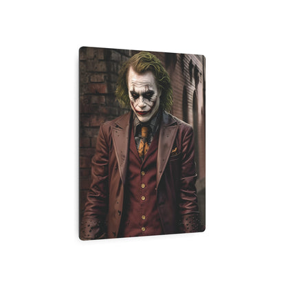 Artistic perspective of the Joker Metal Art Poster in a contemporary space, reflecting the allure of The Dark Knight's iconic character on elegant matte aluminium.