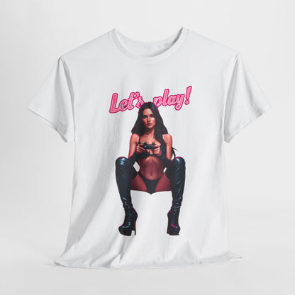 Luxurious white graphic t-shirt featuring a bold 'Let's play!' statement with a striking illustration of a confident gamer, embodying playful elegance. Perfect for fashion-forward gaming enthusiasts.