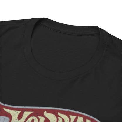 Close-up of the neckline of the Hot Wings Starfighter T-Shirt, displaying quality craftsmanship in a luxurious black fabric with a stunning retro graphic.