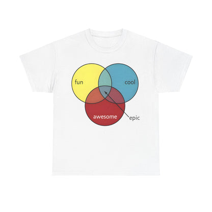 Epic Pie Chart Graphic Tee - Luxurious unisex triad t-shirt featuring a humorous design with vibrant circles symbolizing fun, cool, and awesome.