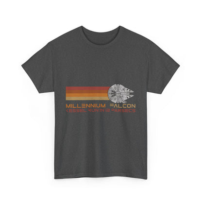 Stylish front view of the Millenium Falcon Abstract Art Graphic T-Shirt in dark grey featuring a retro graphic design, perfect for art and sci-fi lovers.