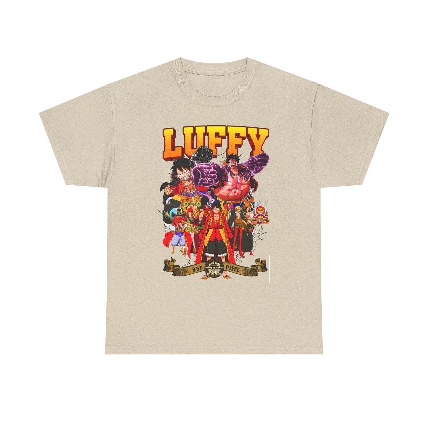 Refined beige t-shirt displaying an artistic portrayal of Luffy and iconic characters from One Piece, suitable for casual and chic outfits.