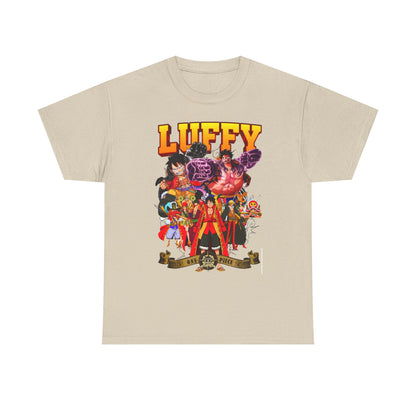Refined beige t-shirt displaying an artistic portrayal of Luffy and iconic characters from One Piece, suitable for casual and chic outfits.