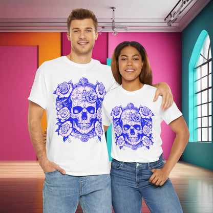 Couple wearing the Skulls and Roses Cotton Tee in classic white, featuring a striking blue skull entwined with roses, perfect for stylish casual wear.