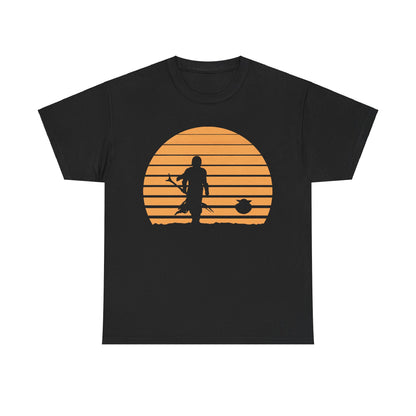 Mandalorian Sunset Graphic Unisex T-Shirt in Premium Soft Cotton - A stunning black graphic tee featuring a silhouette of the Mandalorian against a vivid sunset design, perfect for adventures in style.