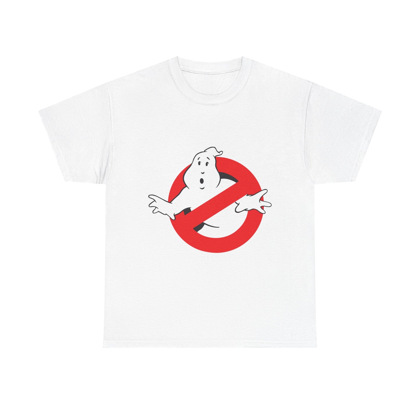 Luxury men's t-shirt featuring the iconic Ghostbusters logo with a white base and vibrant red circle, embodying a whimsical spirit.